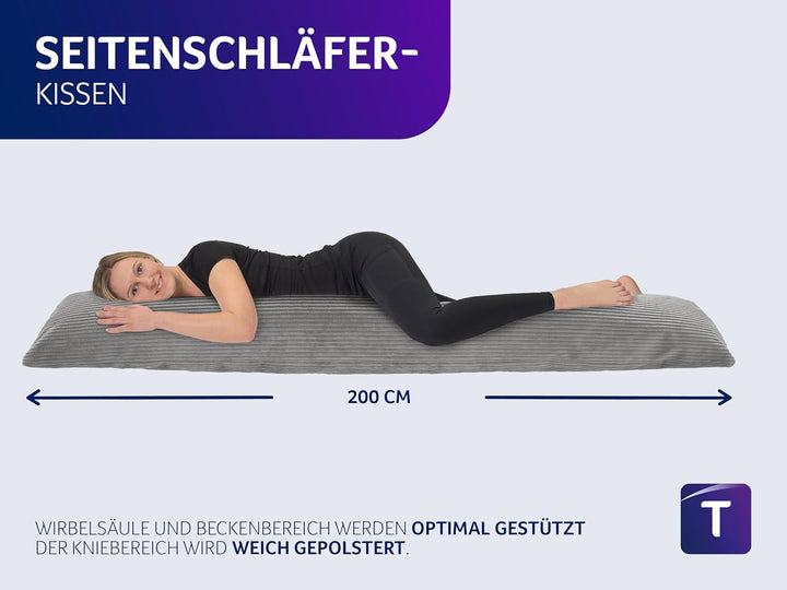 Traumnacht Seitenschläferkissen aus gemütlichem Cord-Bezug, steingrau, 1.430 Gramm Füllgewicht mit R