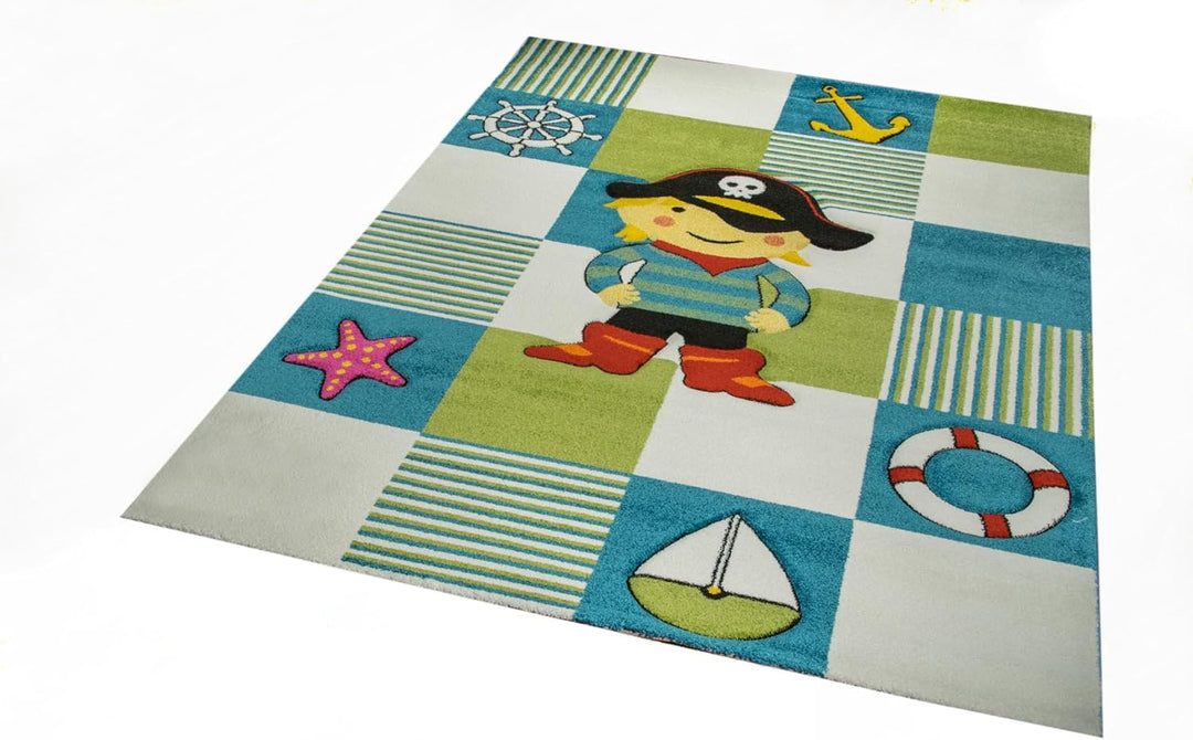 CARPETIA KINDERTEPPICH SPIELTEPPICH Pirat TÜRKIS BLAU Creme Grösse 120 cm Rund, 120 cm Rund