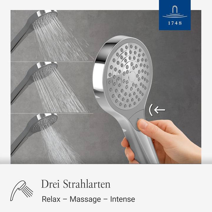 Villeroy & Boch Verve Showers Duschkopf, Handbrause mit 3 Strahlarten auf Knopfdruck wechselbar, Eas