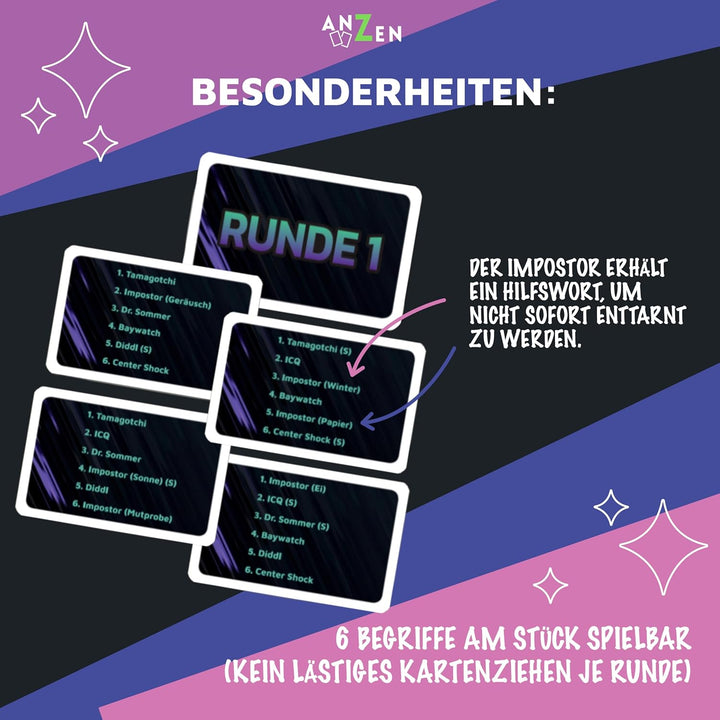 Impostor – Das Party Wortspiel 90er Edition inkl. Hilfsbegriffe | Lustiges Gesellschaftsspiel & Kart