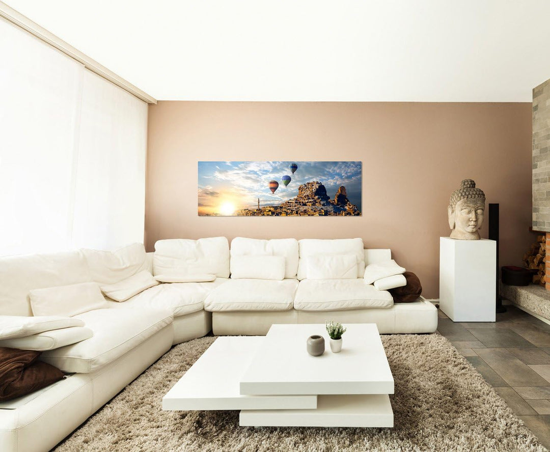 Paul Sinus Art Panoramabild auf Leinwand und Keilrahmen 150x50cm Italien Stadt Berg Heissluftballons