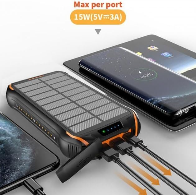 ERBILON Vielseitige 26800mAh Smart Solar Powerbank: Wasserdichtes Solarladegerät mit USB-C, 2 Eingän