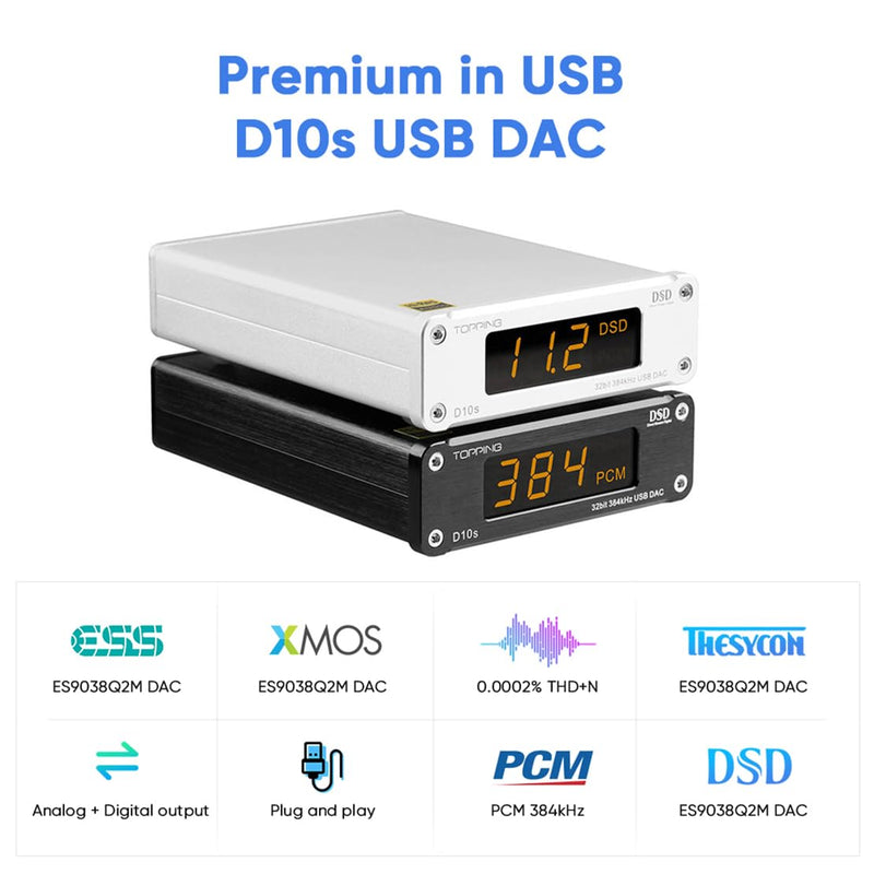 TOPPING D10s HiFi DAC USB Decoder HiFi XMOS XU208 ES9038Q2M DAC Optisch Koaxial DSD256 384kHz Audio