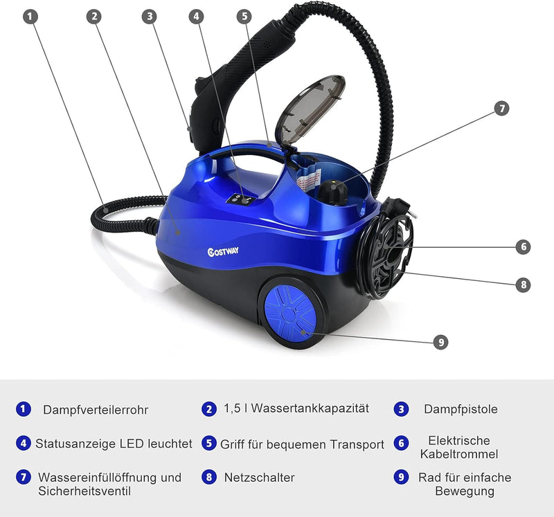 COSTWAY Dampfreiniger mit 19 Zubehörteilen, Bodendampfreiniger für Teppiche, Fussböden, Fenster und