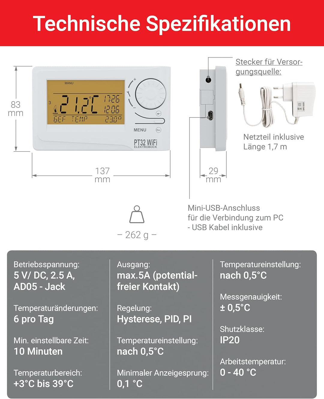 Elektrobock Raumthermostat mit WiFi Modul, weiss, normal, PT32 WiFi