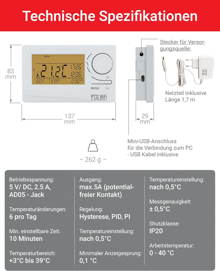 Elektrobock Raumthermostat mit WiFi Modul, weiss, normal, PT32 WiFi