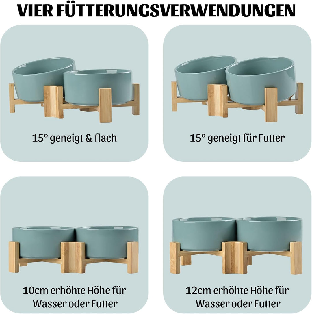 SPUNKYJUNKY 15° Kippbare Keramik Hundenapf mit Holzständer Futter und Wassernapf rutschfest für Hund