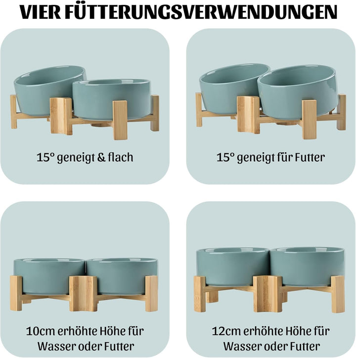 SPUNKYJUNKY 15° Kippbare Keramik Hundenapf mit Holzständer Futter und Wassernapf rutschfest für Hund