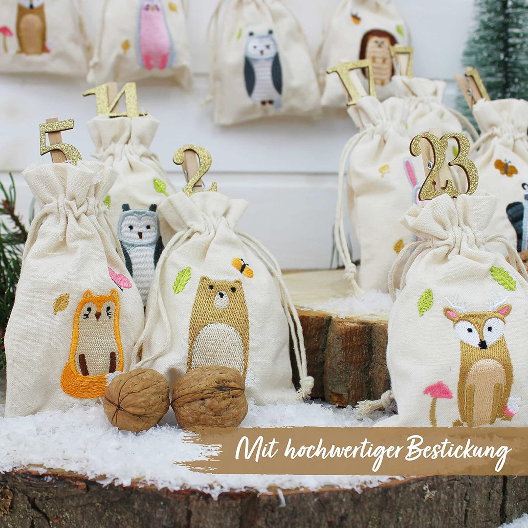 Papierdrachen 24 Adventskalender Stoffsäckchen zum Befüllen - mit goldenen Holzzahlen - Stoffbeutel