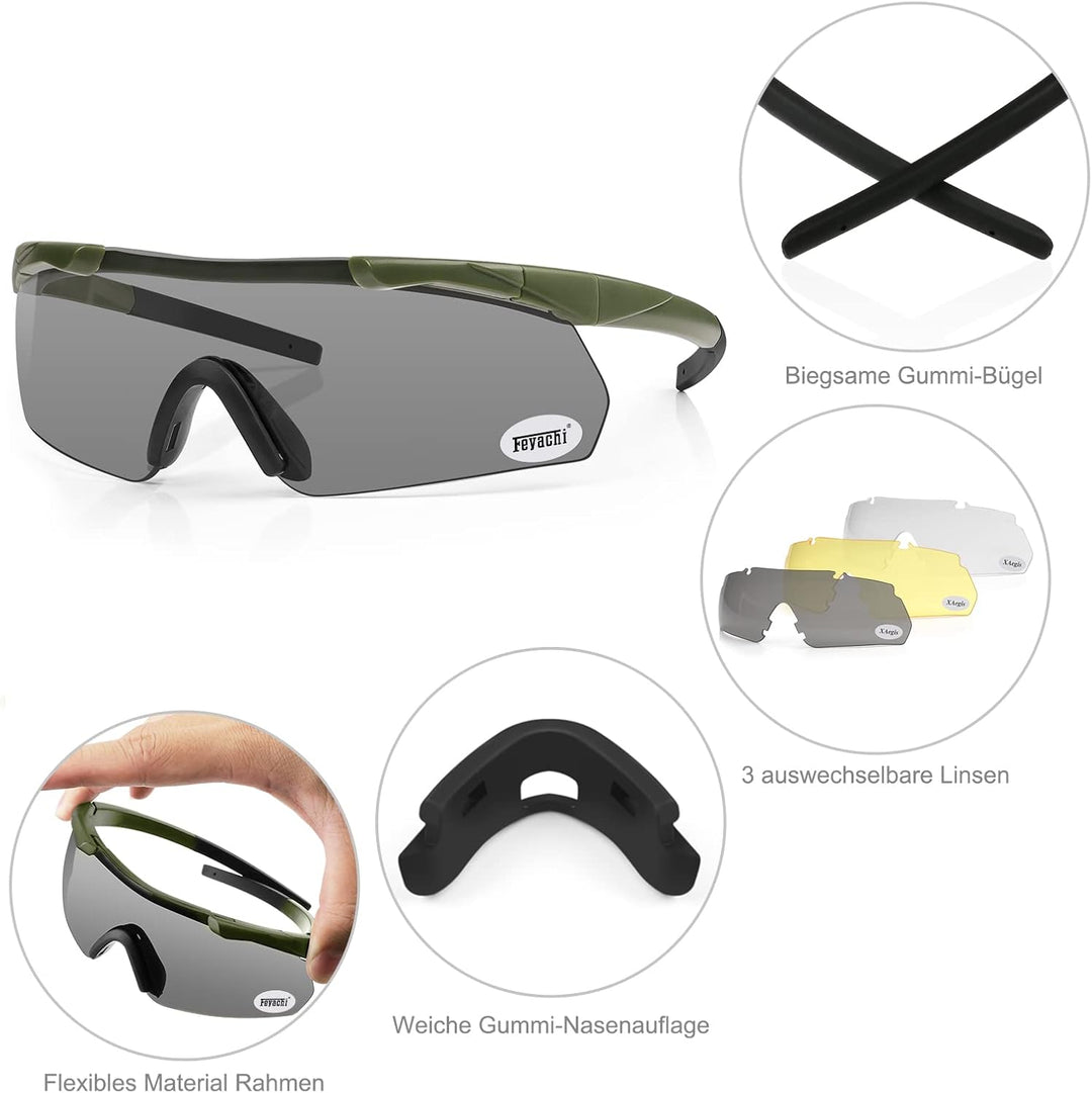 Feyachi Schiessbrille mit 3 Austauschbaren Gläsern, Schutzbrille Schlagfester Augenschutz, UV-400-S