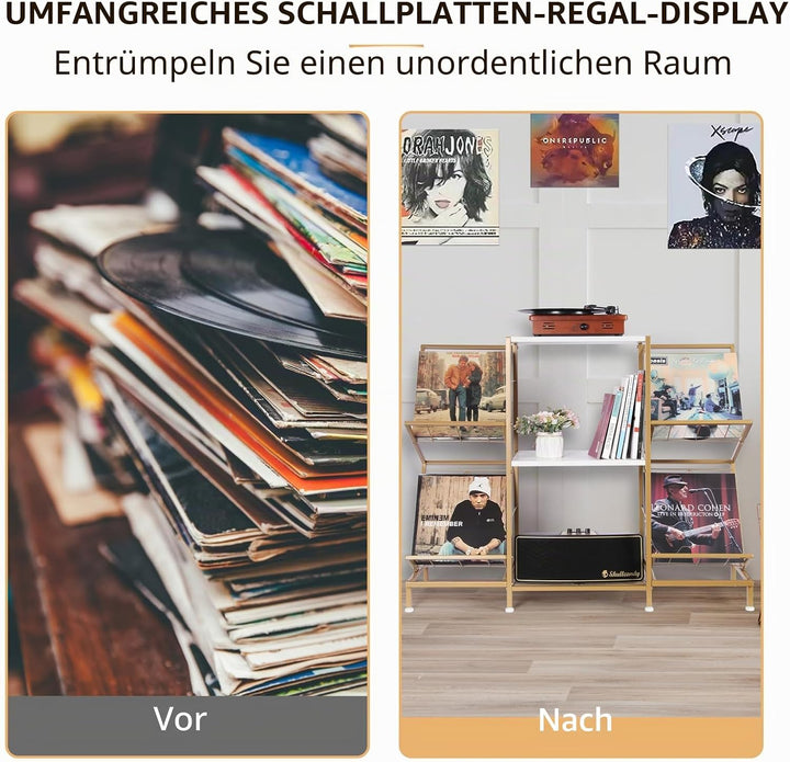 HYCFYJR Plattenspieler Ständer, Schallplatten Aufbewahrung mit 4-stufiger Vinyl Halter und Metallrah