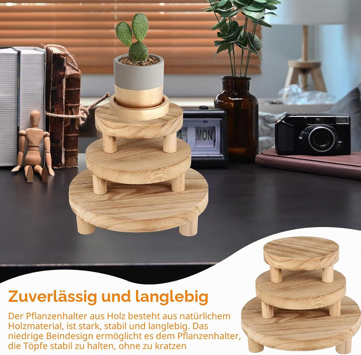 Pflanzenhocker, 3 Stück Rund Holz-Pflanzenständer für Drinnen und Draussen mit Drei Verschiedene Dur