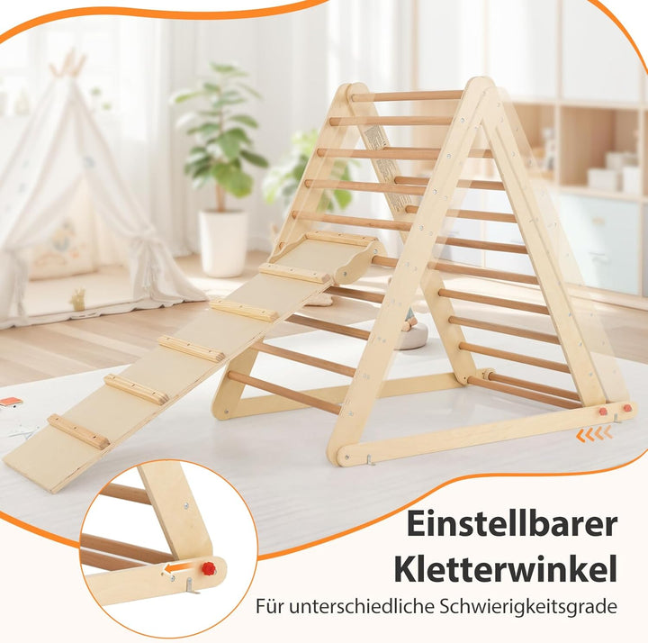 COSTWAY Kletterdreieck klappbar, Klettergerüst mit Leiter aus Holz, Sprossendreieck zur Entwicklung