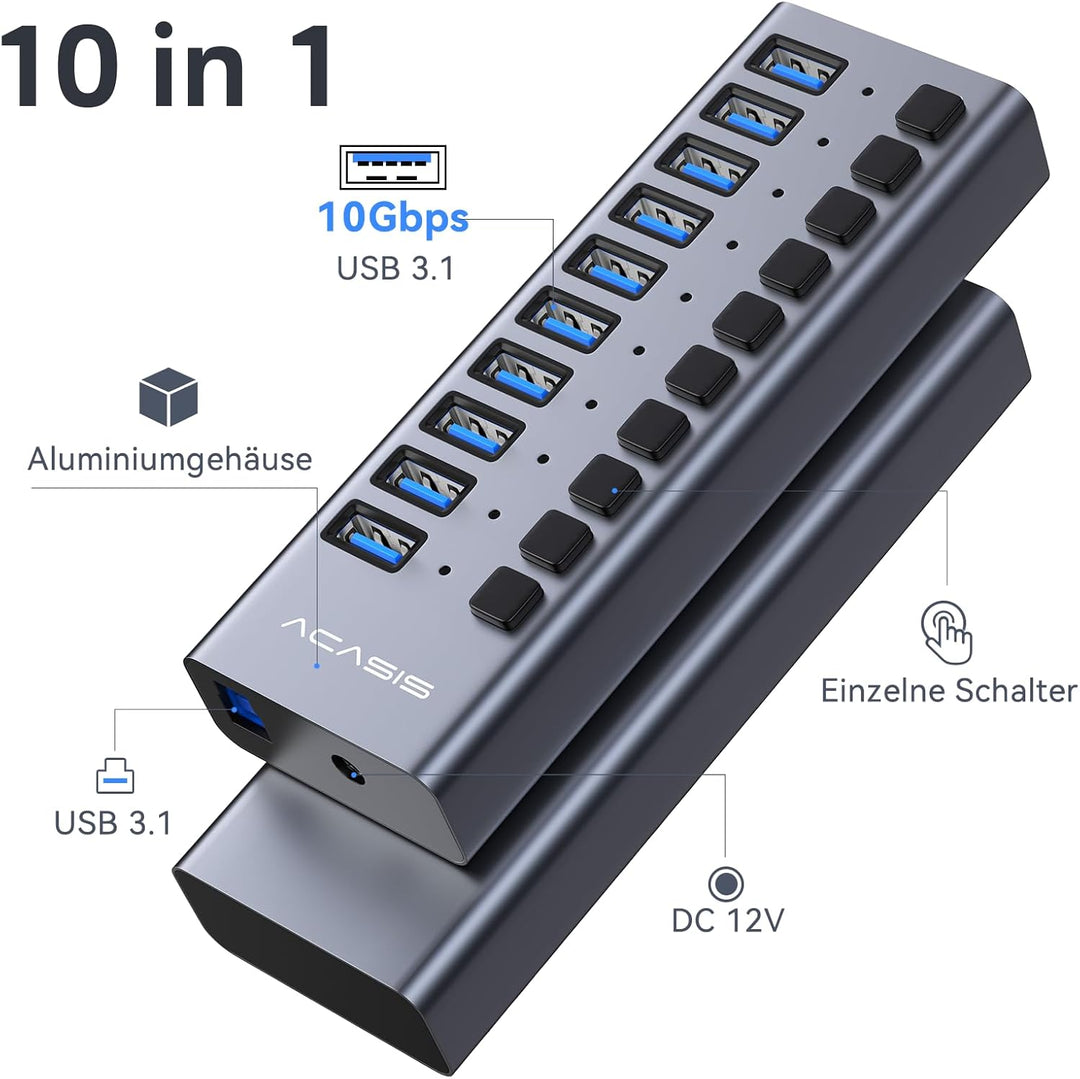 ACASIS Powered USB Hub,10 Ports USB 3.1 Hub mit 10Gbps Data Speed, Individuellen On/Off Schalter, 12
