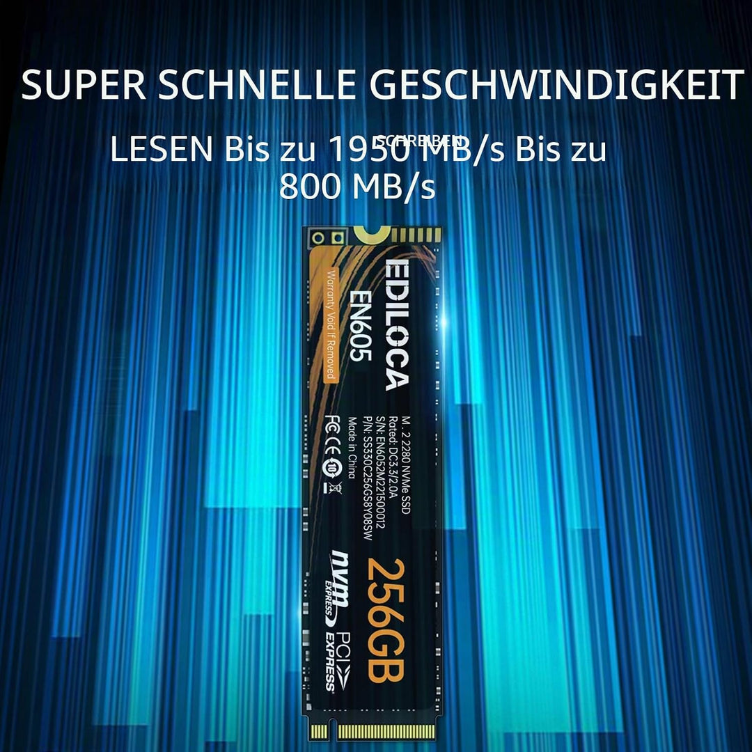 Ediloca EN605 256GB M.2 SSD, NVMe1.3 PCIe Gen3 x4 SSD 3D NAND TLC Interne Festplatte, M.2 2280 - Les