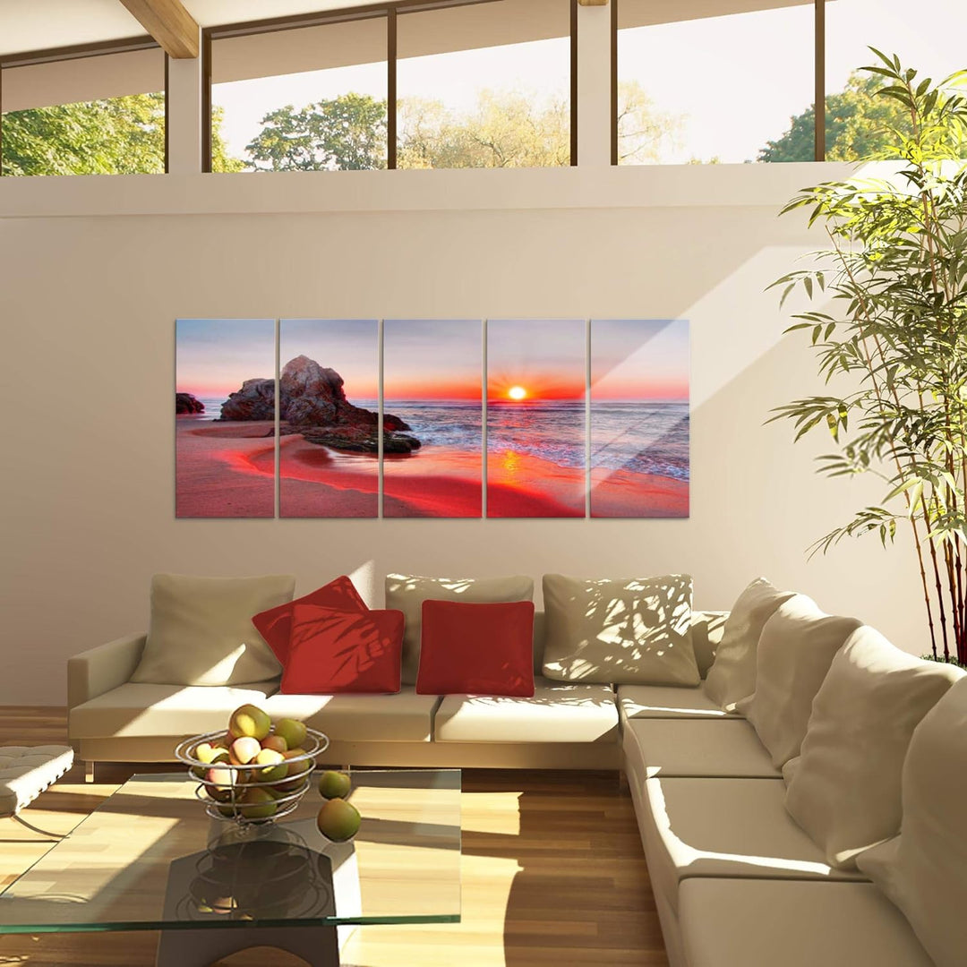 Runa Art Wandbild XXL Sonnenuntergang Strand Schlafzimmer Wohnzimmer 200 x 80 cm Rot 5 Teilig - Made