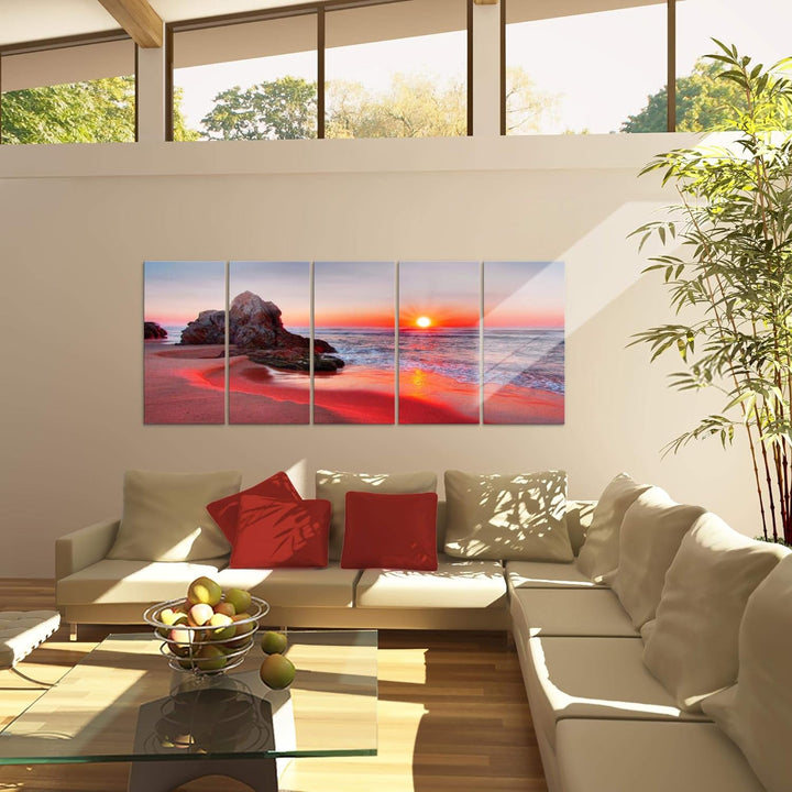 Runa Art Wandbild XXL Sonnenuntergang Strand Schlafzimmer Wohnzimmer 200 x 80 cm Rot 5 Teilig - Made