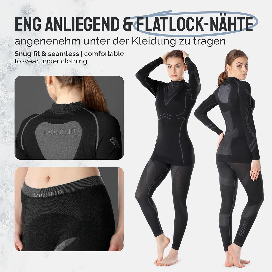 Ladeheid Thermounterwäsche Damen Set Langarm Shirt Lange Unterhose Thermoaktiv LAGI006, Schwarz/Grap