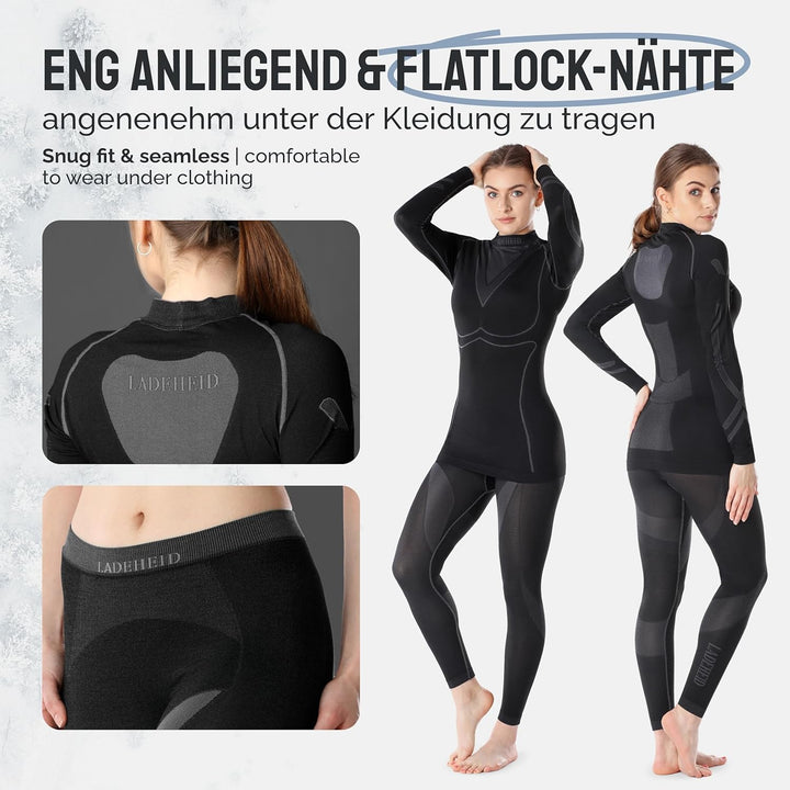 Ladeheid Thermounterwäsche Damen Set Langarm Shirt Lange Unterhose Thermoaktiv LAGI006, Schwarz/Grap