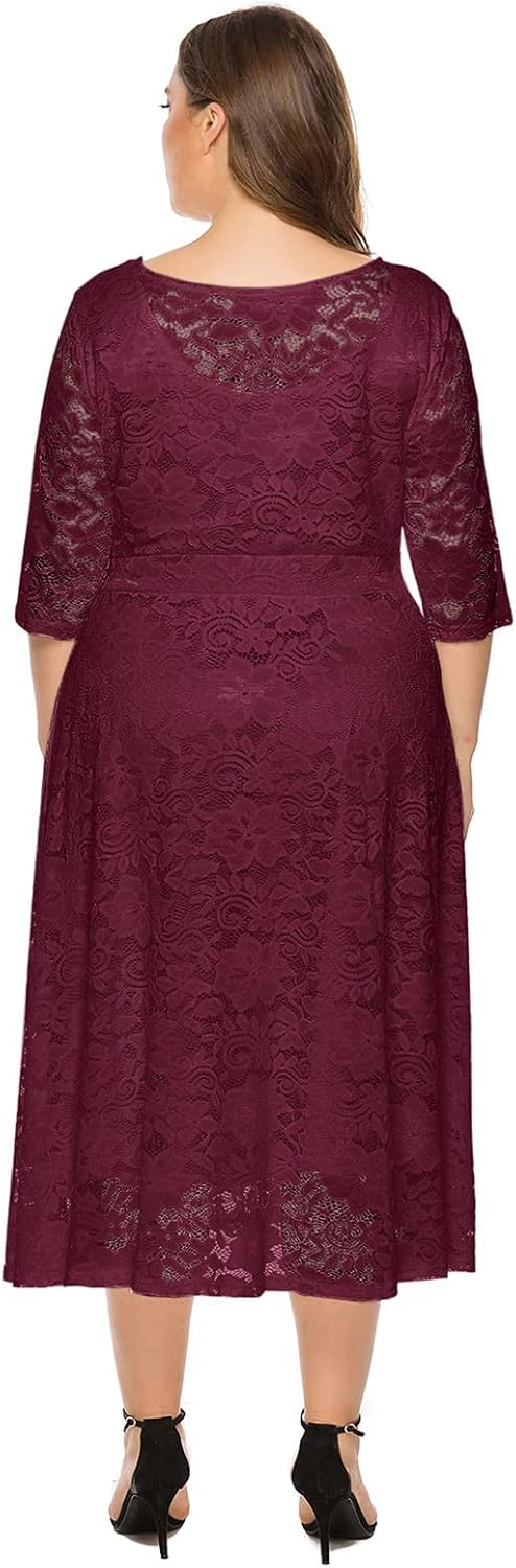 Odizli Damen Elegant 3/4 Ärmel Spitzenkleid Hochzeit Festlich Coctailkleid Abendkleid Grosse Grössen