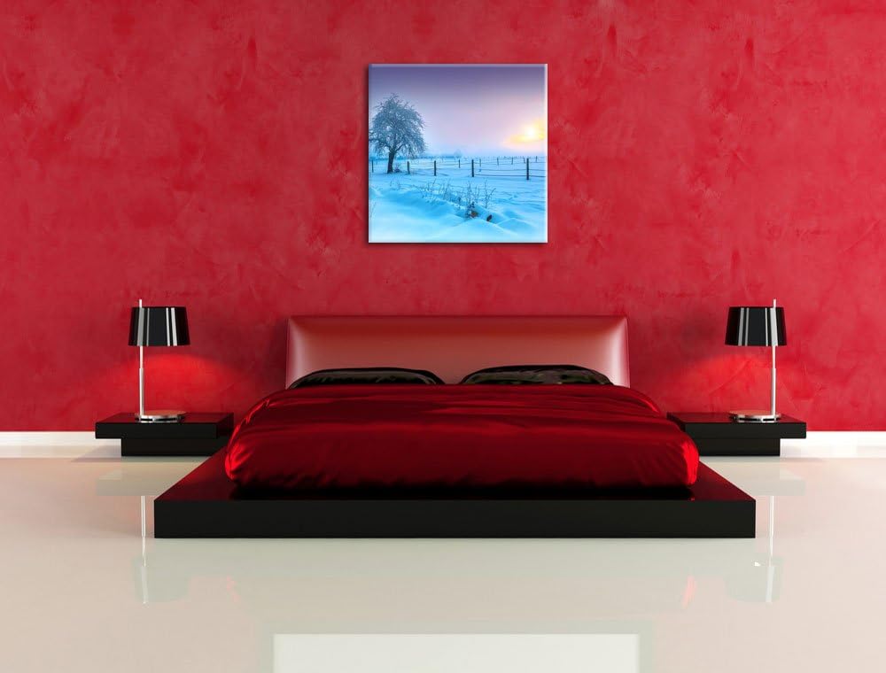 Baum in Winterlandschaft, Format: 70x70 auf Leinwand, XXL riesige Bilder fertig gerahmt mit Keilrahm