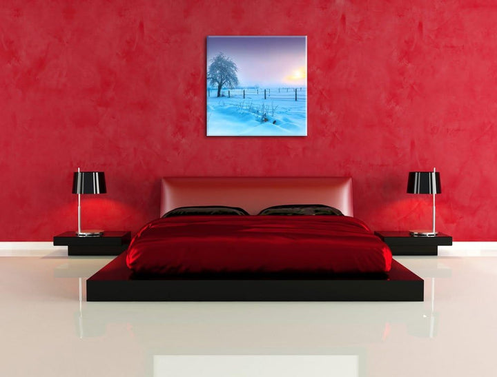 Baum in Winterlandschaft, Format: 70x70 auf Leinwand, XXL riesige Bilder fertig gerahmt mit Keilrahm