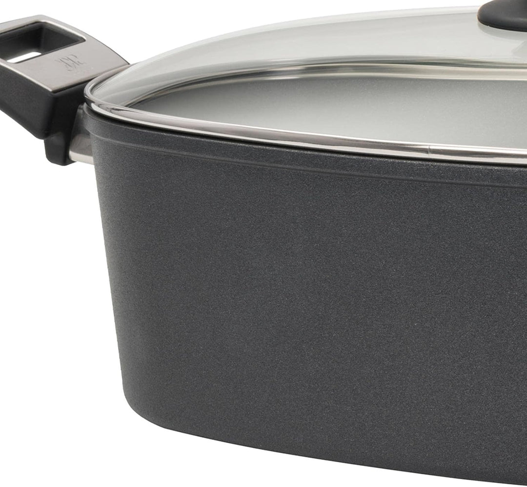 SKK grosser Antihaft Gussbräter 40x24 cm - ohne Induktion - rechteckiger Aluguss Bräter mit Glasdeck