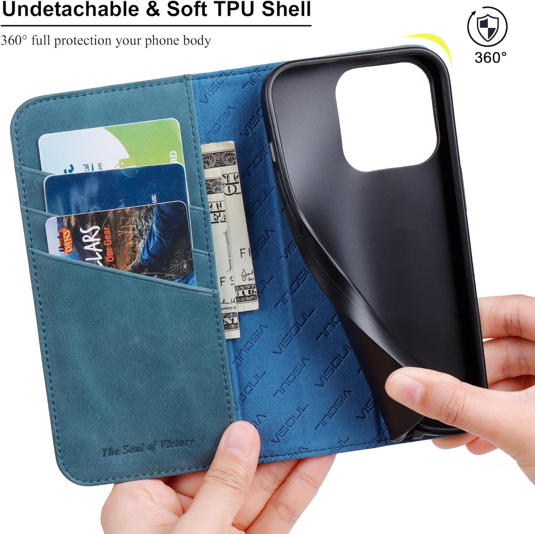 VISOUL Hülle für iPhone 14 Pro Handyhülle [Echtleder][3 Kartenfächer] [Magnet] [Standfunktion], TPU