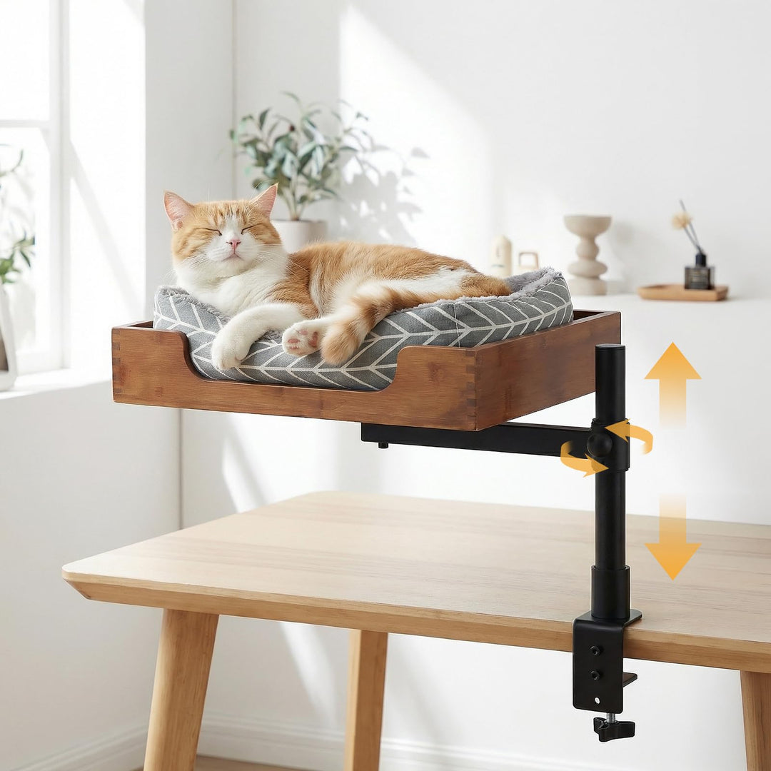 Hivexagon Elegantes Katzenbett mit Schreibtisch und Bambusgestell, inklusive weicher Einstreu. Stabi