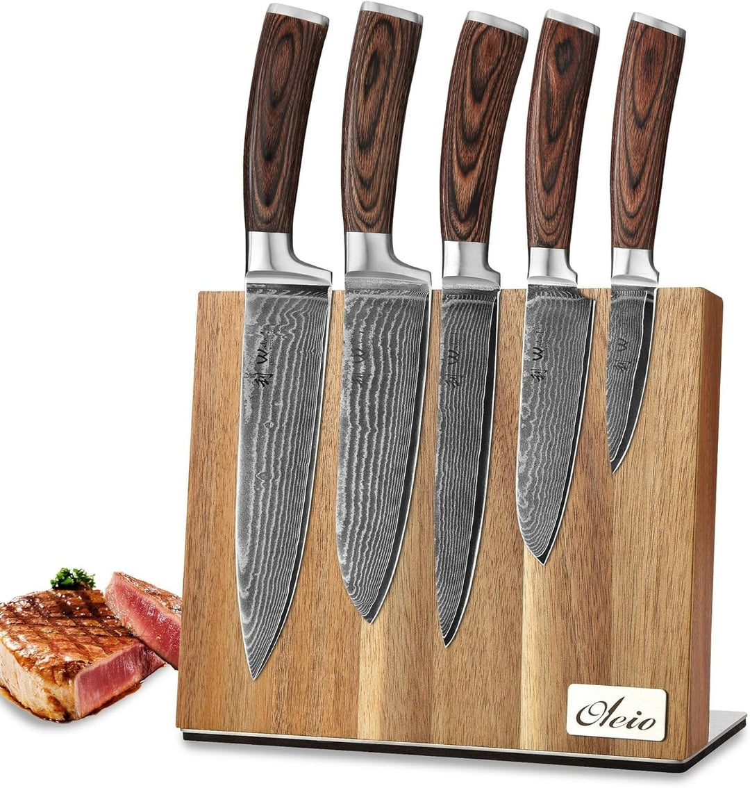 Wakoli EDIB 5er Damastmesser-Set mit magnetischem Messerblock, Klingenlängen von 8,5cm bis 20cm aus