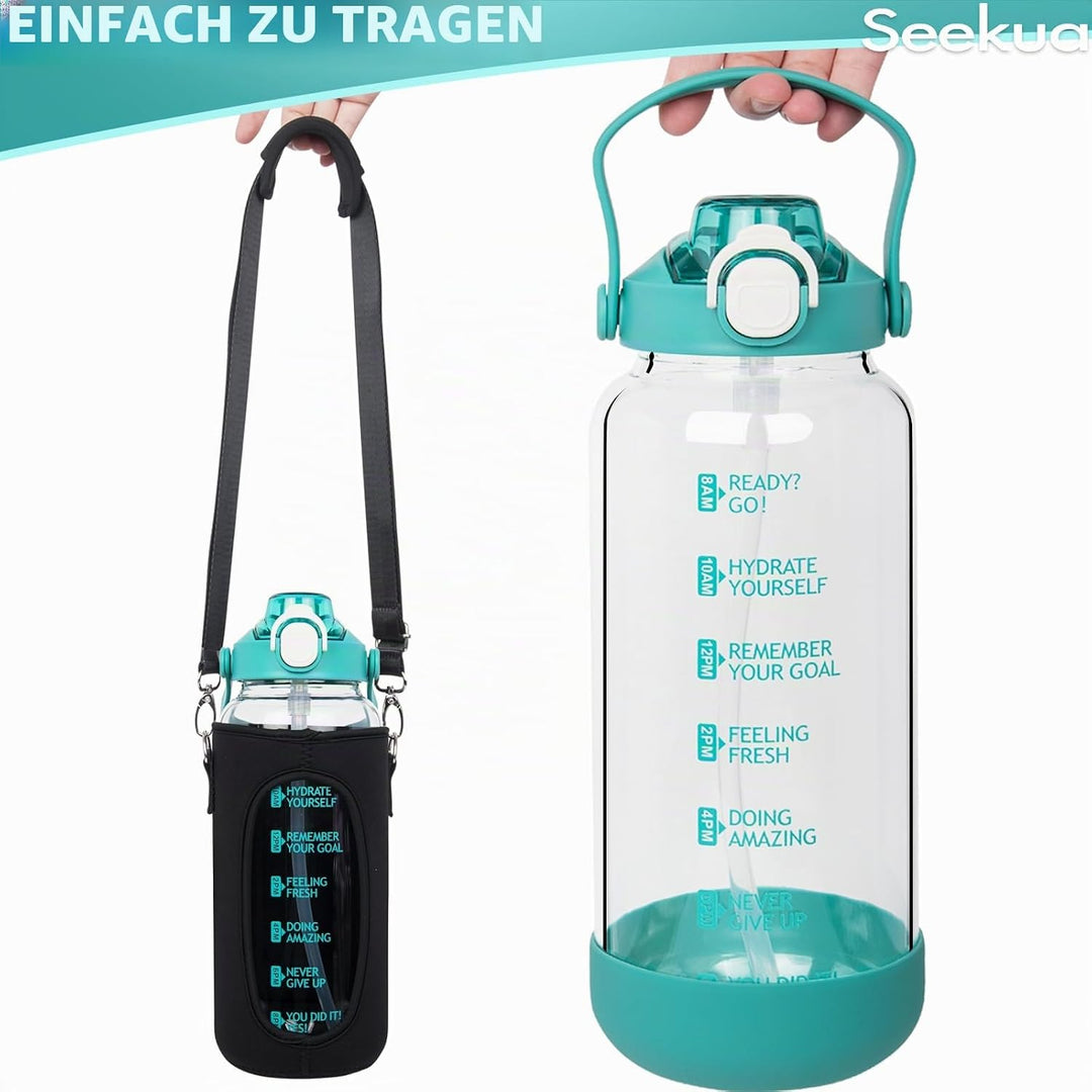 Seekua 2l Trinkflasche Glas Flasche mit Strohhalm & Zeitmarkierung, 2 liter Wasserflasche mit Frücht