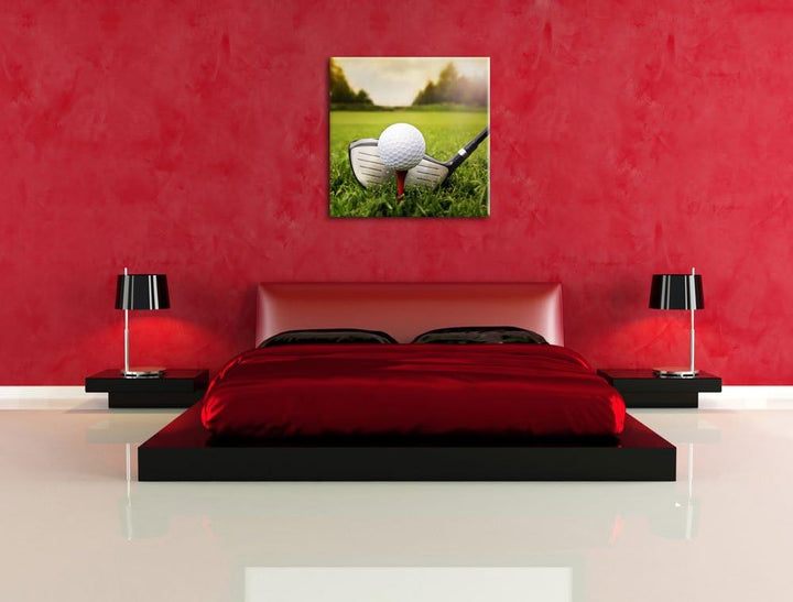 Pixxprint Golf Abschlag, Format: 70x70 auf Leinwand, XXL riesige Bilder fertig gerahmt mit Keilrahme