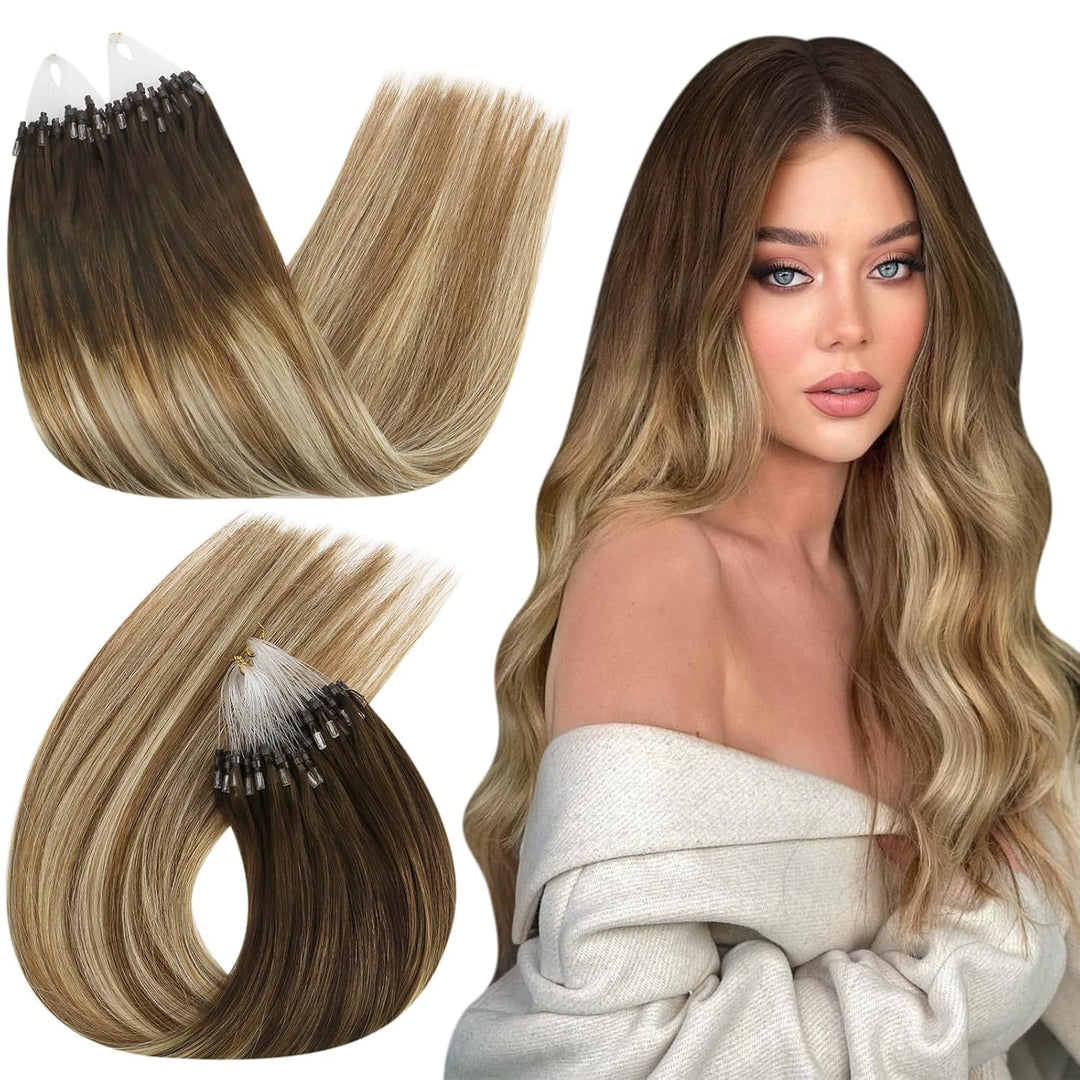 Ugeat 45cm Microring Haarverlängerung Echthaar Balayage Dunkelbraun zu Mittelbraun und Bleichblond 4