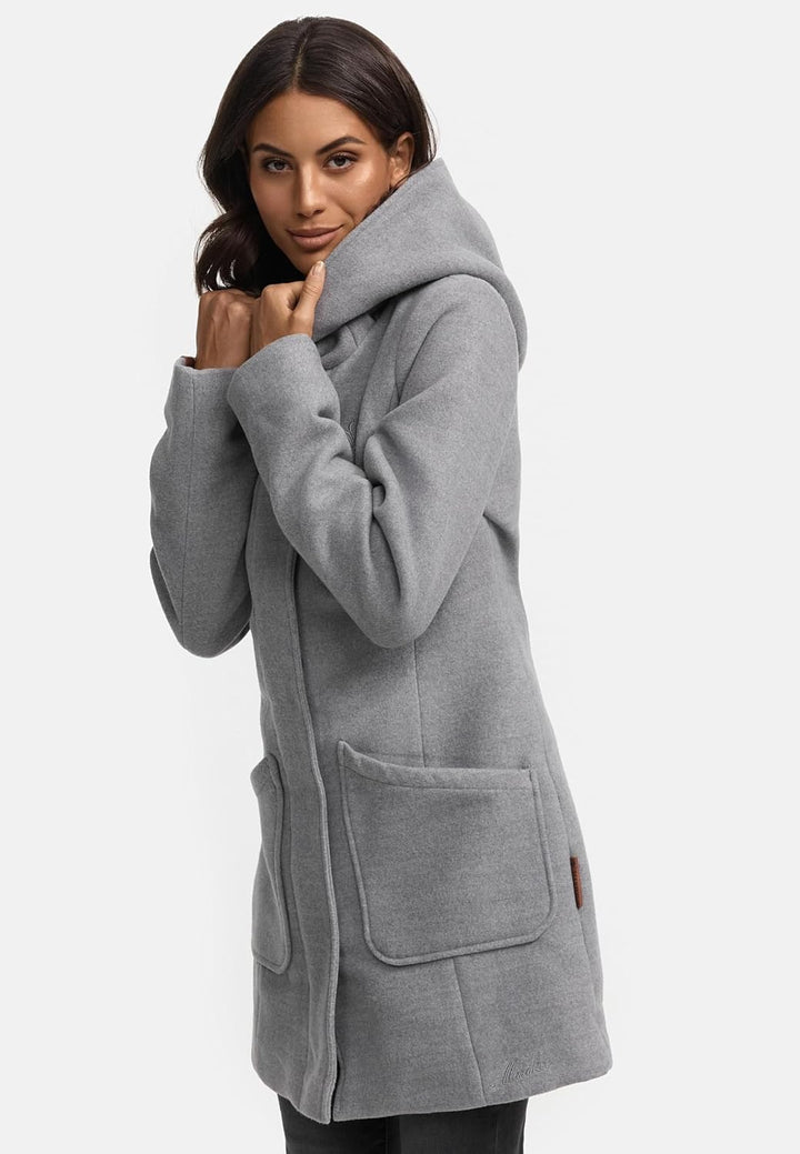 MARIKOO Damen Mantel in Wollmantel-Optik Warmer Trenchcoat mit Kapuze Maikoo XS-5XL S Grau, S Grau