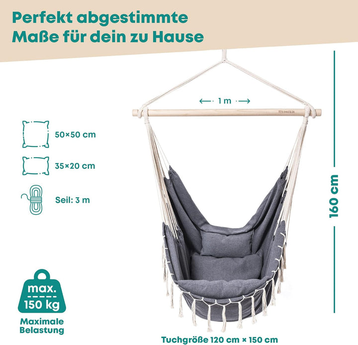 BELLAMATILDA® HÄNGESESSEL 3 Kissen &amp; Zubehör mit Seil und Haken | Hängeschaukel Outdoor &amp; Indoor | X