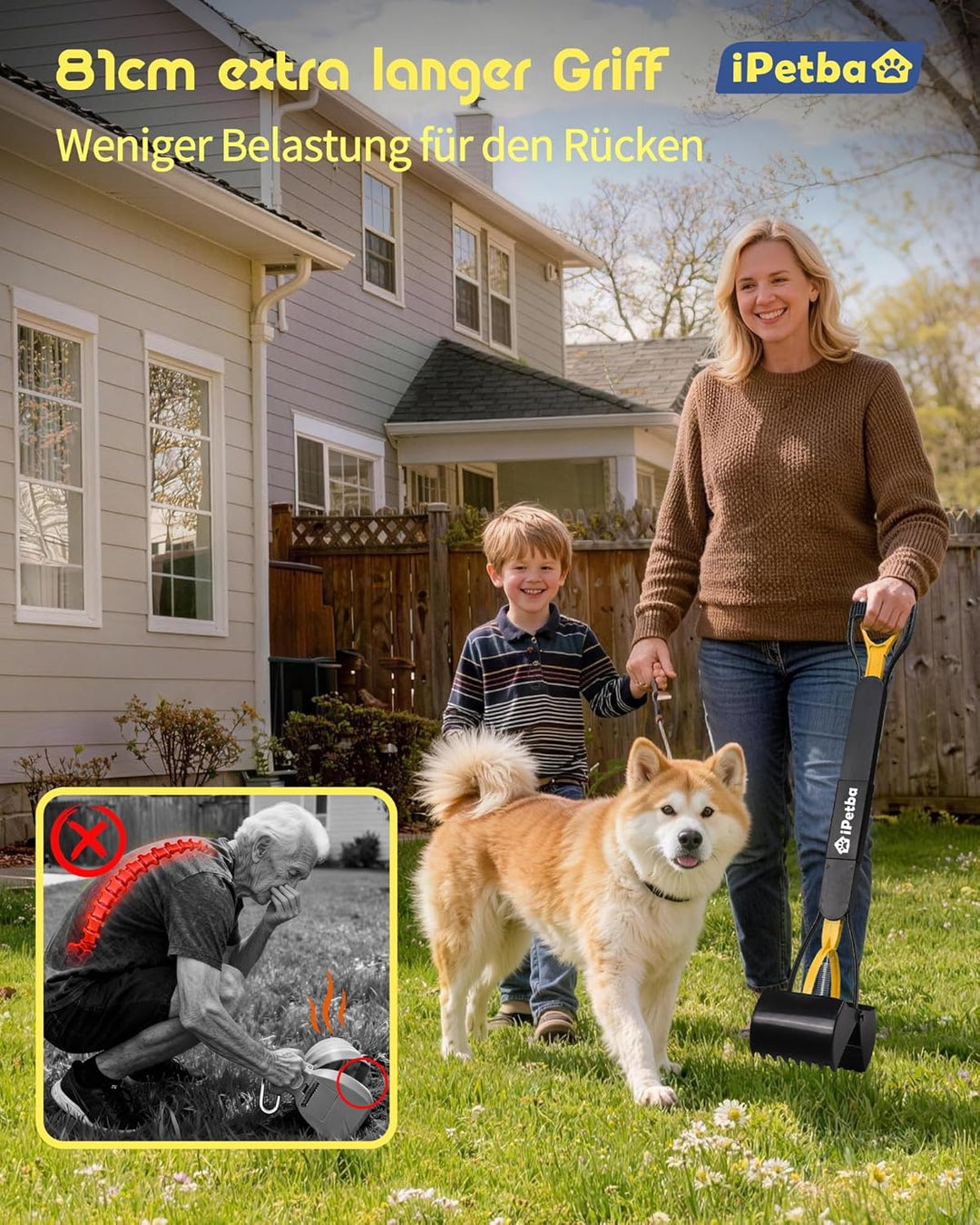 IPETBA 80 cm Grosser Hundekotschaufeln Langer Griff Hundekotsammler Kein Bücken Nötig für Hunde und