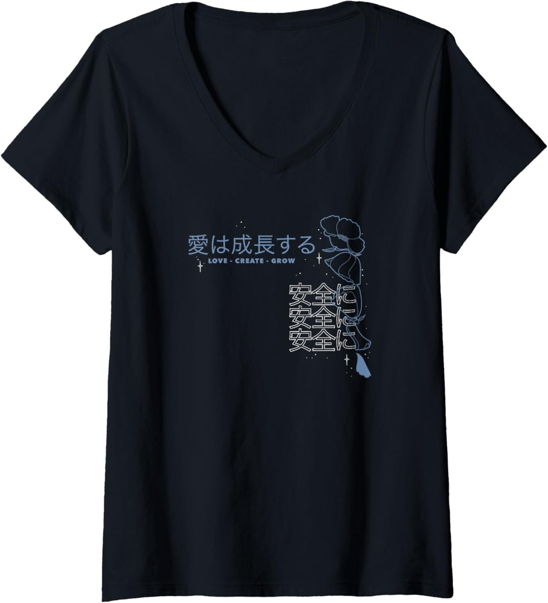 Damen Trendy Kanji Love. Create .Grow. Front & Back T-Shirt mit V-Ausschnitt