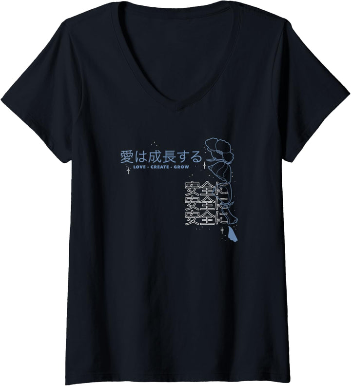 Damen Trendy Kanji Love. Create .Grow. Front & Back T-Shirt mit V-Ausschnitt