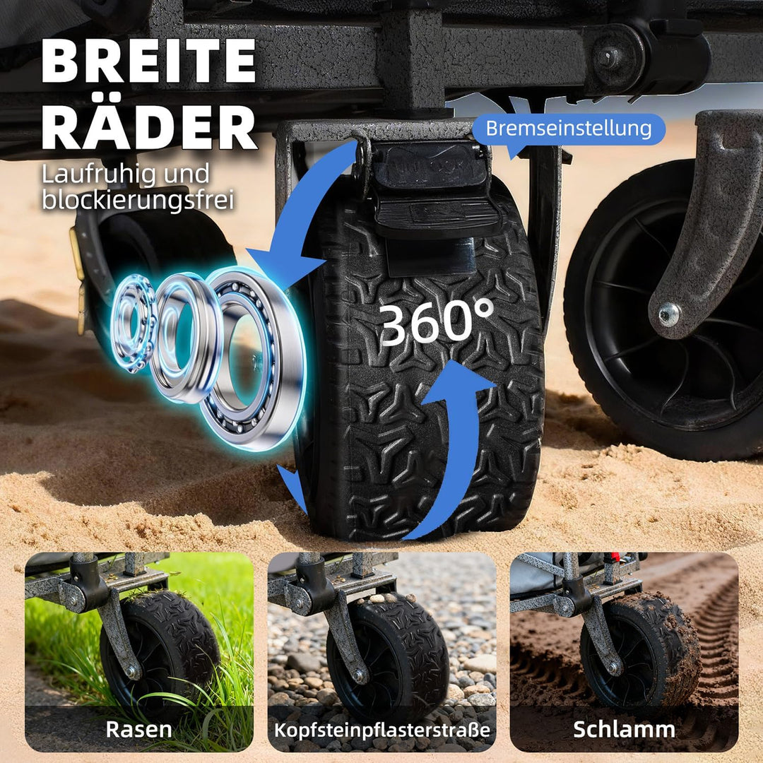 Bollerwagen Faltbar – Tragkraft 272 kg, mit Bremsen, Getränkehalter, Verstellbarem Griff, All Terrai