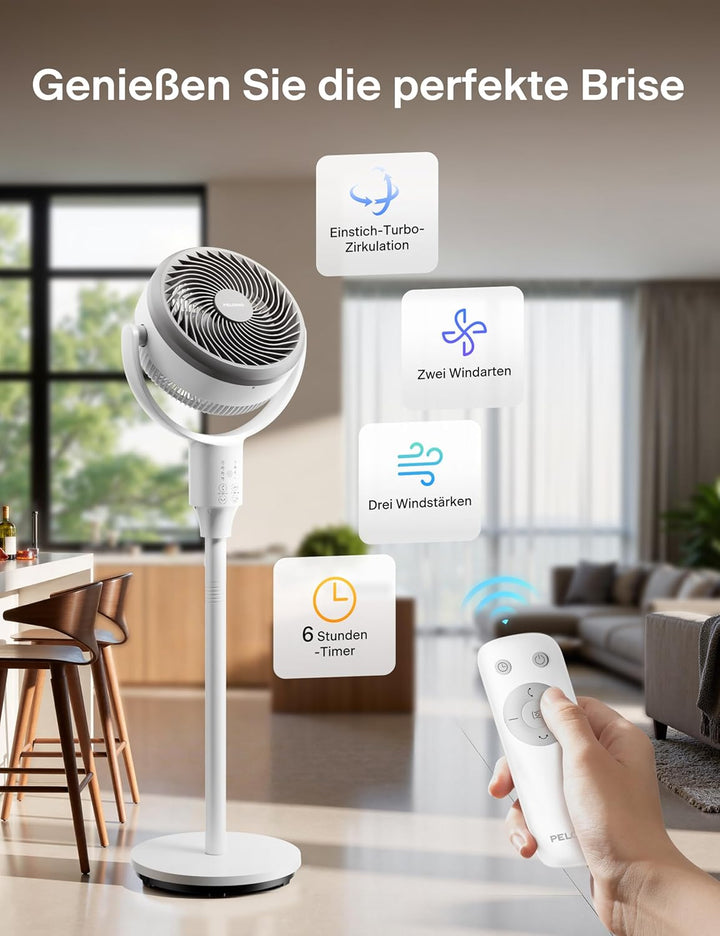 PELONIS Leiser Standventilator, 2-In-1 Standventilator mit Fernbedienung, 1500m³/h Luftvolume Luftzi