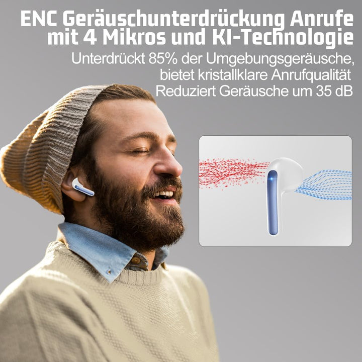 Kopfhörer Kabellos Bluetooth 5.4, In Ear mit 6 ENC Mikrofon Bluetooth Kopfhörer, 60 Std Stereo Kabel