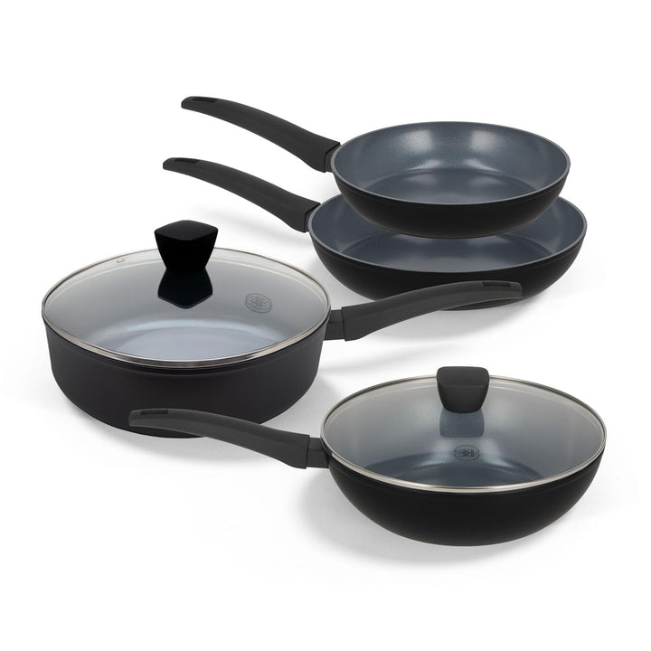 Be Living Pfannenset 4-teilig – Ø 24 & 28 cm Bratpfanne + Sauteuse + Wokpfanne mit Deckel – Bratpfan