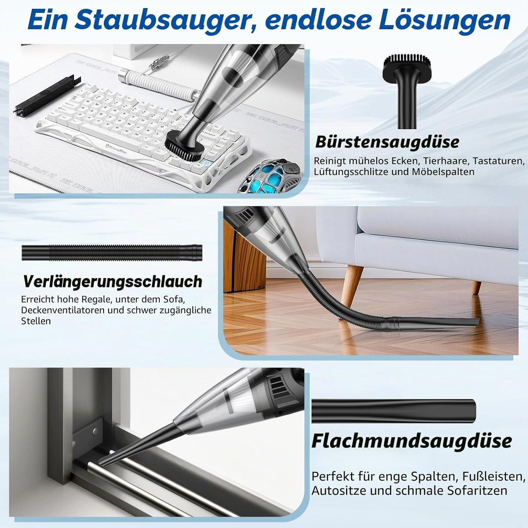 Handstaubsauger Kabelloser, 120W Motor, 60.000 U/min Saugleistung, 9.000 Pa, 2 waschbare Filter, 3 D