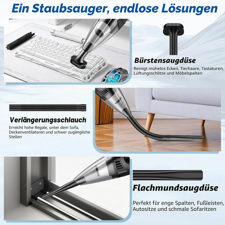 Handstaubsauger Kabelloser, 120W Motor, 60.000 U/min Saugleistung, 9.000 Pa, 2 waschbare Filter, 3 D