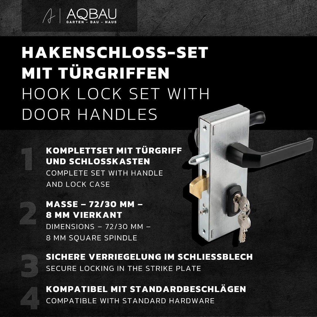 Set Hakenschloss mit Schlosskasten, Drücker Schloss Schiebetürschloss 30/72 mm
