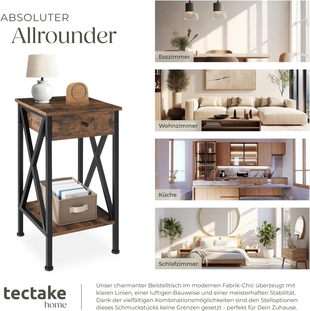 tectake Beistelltisch mit Schublade und Ablageflächen, Nachttisch Boxspringbett, Industrie-Design, 3