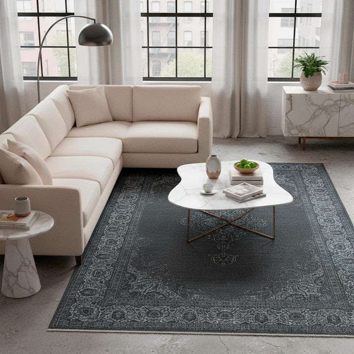 Kelim Vintage Teppich Wohnzimmer Holzkohle Grau 80 X 145 cm - Moderner Kurzflor Teppich - Super Soft