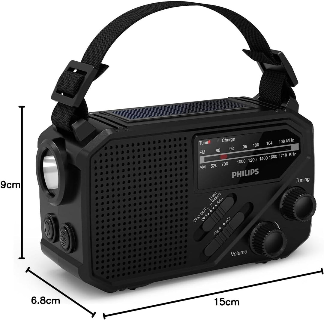 Philips TAR1609 FM/AM-Kofferradio mit internem aufladbarem Akku, AAA-Batterie und Kurbel für Reserve