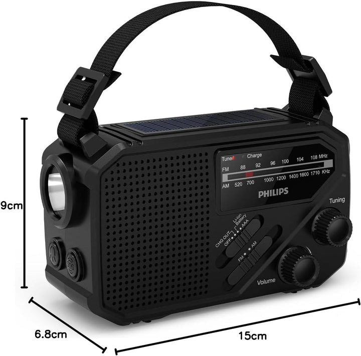 Philips TAR1609 FM/AM-Kofferradio mit internem aufladbarem Akku, AAA-Batterie und Kurbel für Reserve