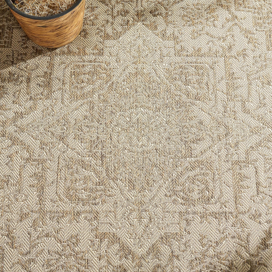 SAFAVIEH Medaillon Teppich für Drinnen & Draussen - Beachhouse Collection, Kurzer Flor, Creme und Be